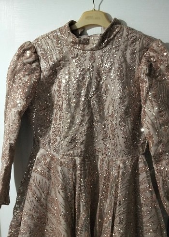 Bej Uzun Kollu İşlemeli Abiye Elbise - Görsel 2