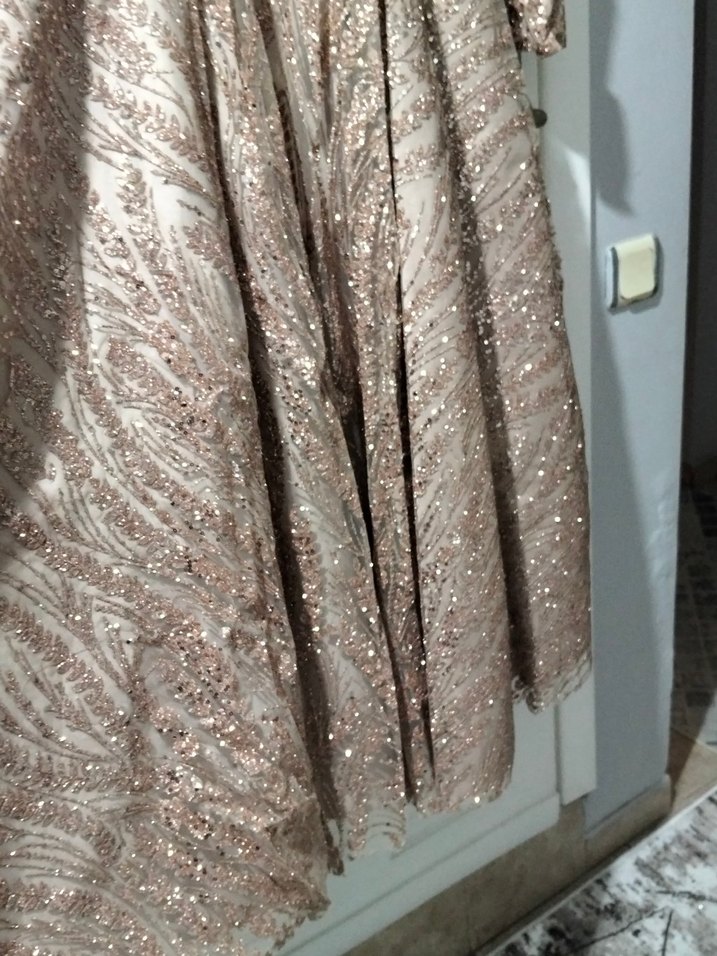 Bej Uzun Kollu İşlemeli Abiye Elbise - Görsel 5