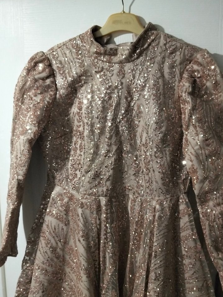 Bej Uzun Kollu İşlemeli Abiye Elbise - Görsel 2