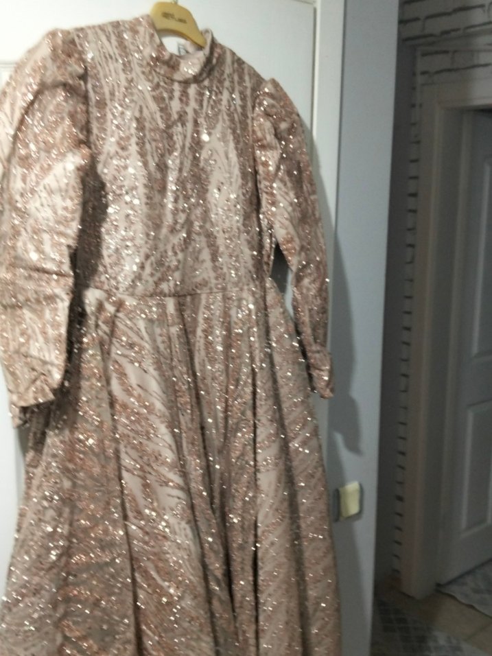 Bej Uzun Kollu İşlemeli Abiye Elbise - Görsel 4