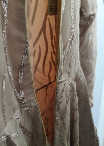 Uzun Kollu Bej İşlemeli Abiye Elbise - Görsel 5