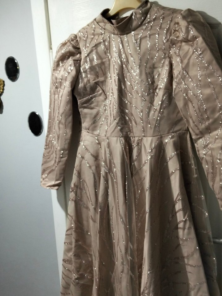 Uzun Kollu Bej İşlemeli Abiye Elbise - Görsel 2