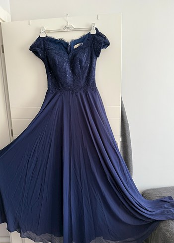 Lacivert V Yaka Uzun Abiye Elbise - Görsel 6