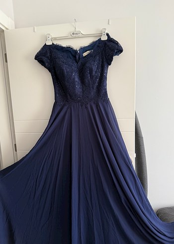 Lacivert V Yaka Uzun Abiye Elbise - Görsel 2