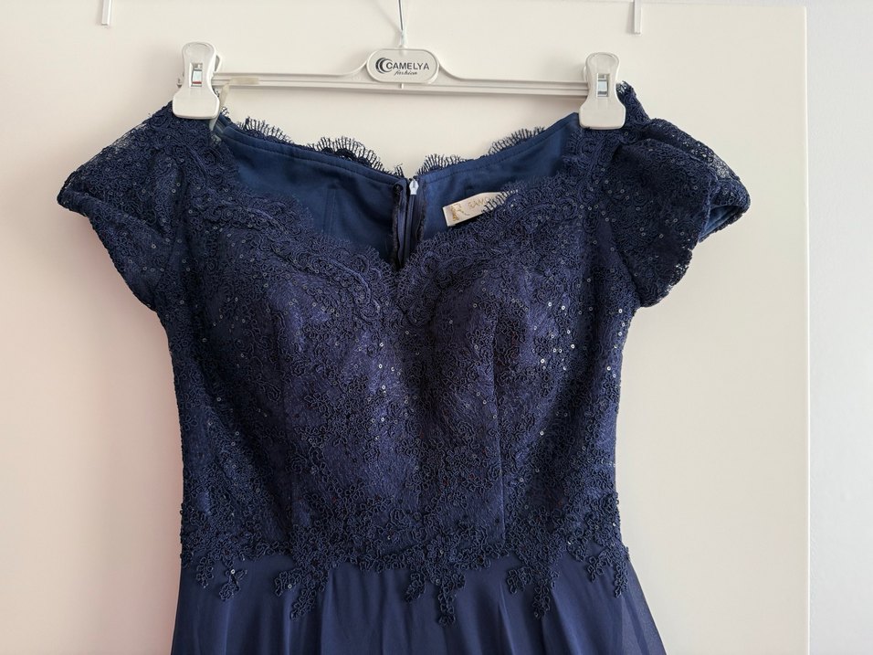 Lacivert V Yaka Uzun Abiye Elbise - Görsel 4