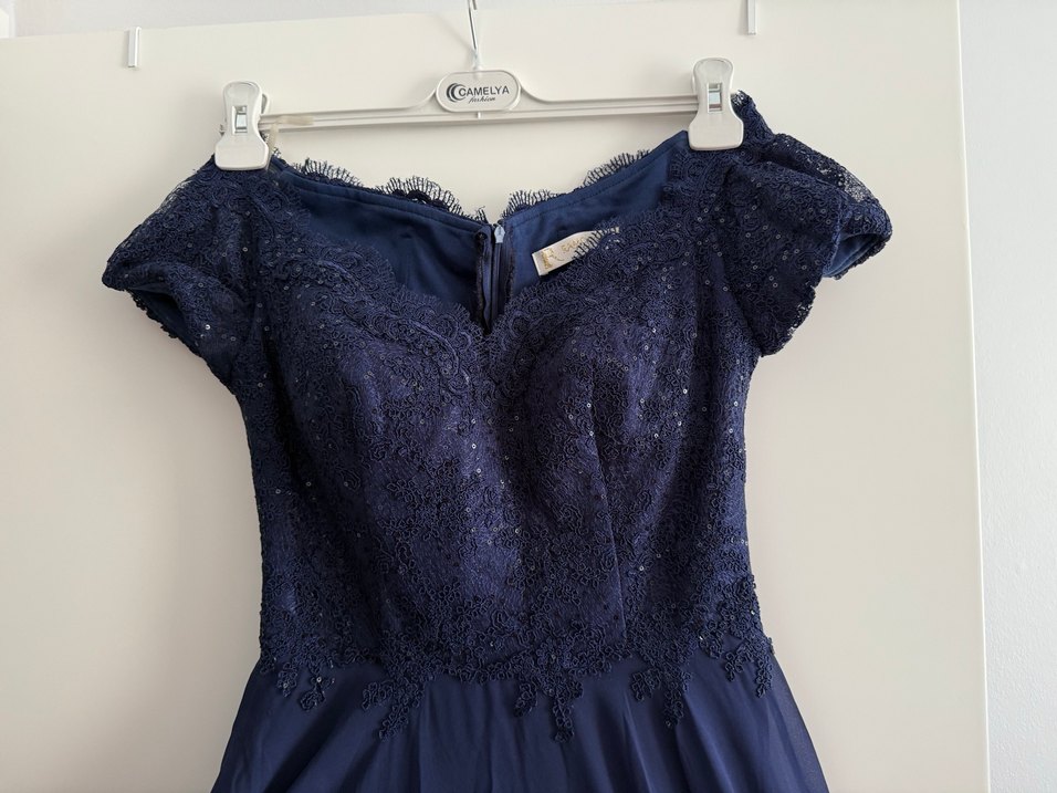 Lacivert V Yaka Uzun Abiye Elbise - Görsel 3