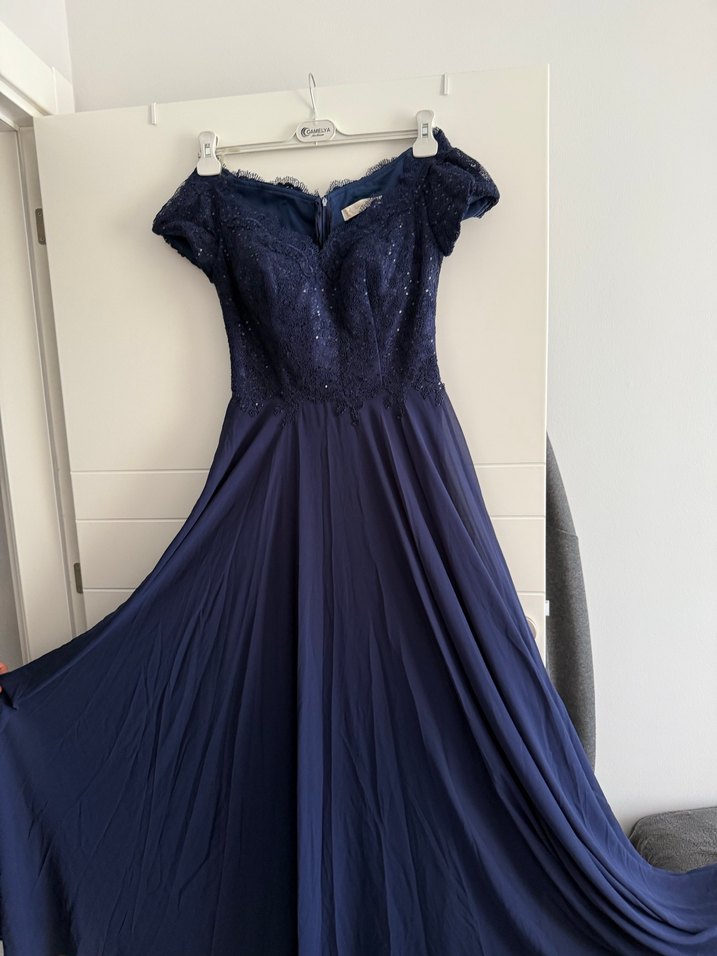 Lacivert V Yaka Uzun Abiye Elbise - Görsel 2