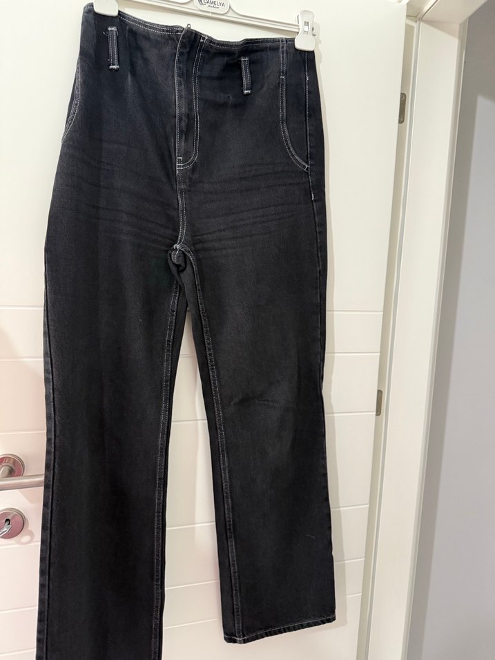 Kadın Gri Kot Pantolon Tokalı Normal Boy - Görsel 4