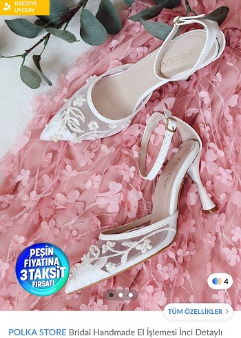 Beyaz Dantel İşlemeli Stiletto Gelin -Nişan-Kına Ayakkabısı - Görsel 2