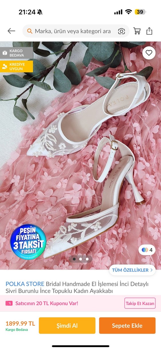 Beyaz Dantel İşlemeli Stiletto Gelin -Nişan-Kına Ayakkabısı - Görsel 2