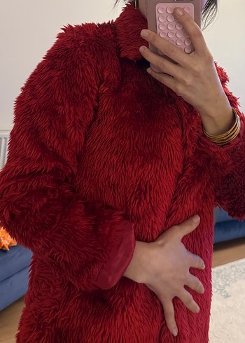 Kırmızı Kadın Suni Kürk Midi Palto - Görsel 2