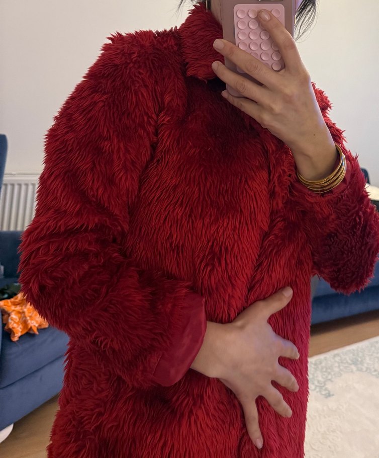 Kırmızı Kadın Suni Kürk Midi Palto - Görsel 2