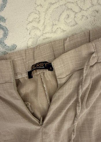 Bej Kemerli Midi Kadın Keten Pantolon - Görsel 2