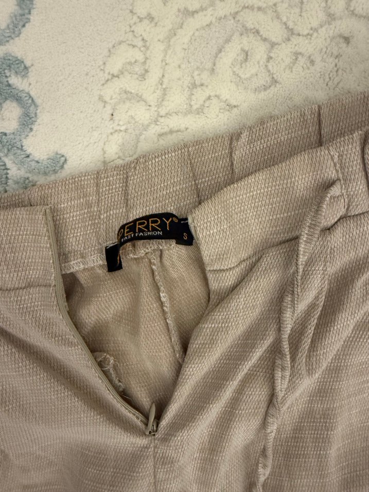 Bej Kemerli Midi Kadın Keten Pantolon - Görsel 2