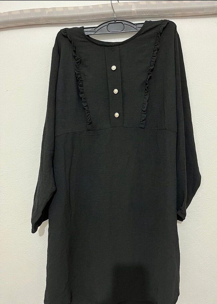 Düğmeli Siyah Uzun Kadın Tunik elbise - Görsel 2