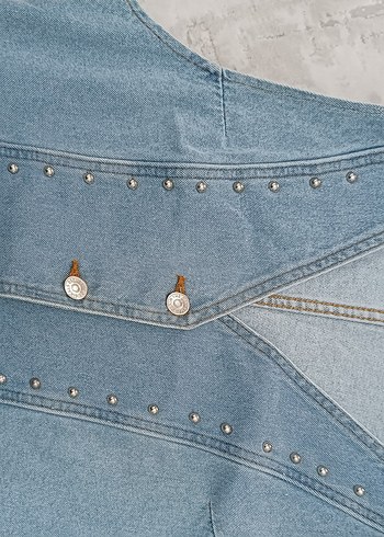 Düğmeli Mavi Vintage Denim Yelek - Görsel 8