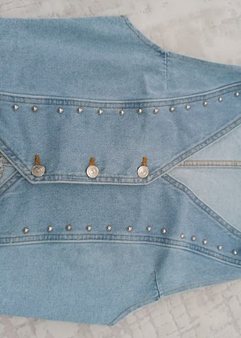 Düğmeli Mavi Vintage Denim Yelek - Görsel 5