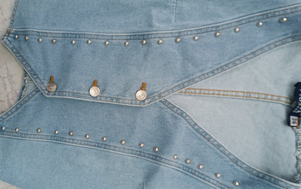 Düğmeli Mavi Vintage Denim Yelek - Görsel 4