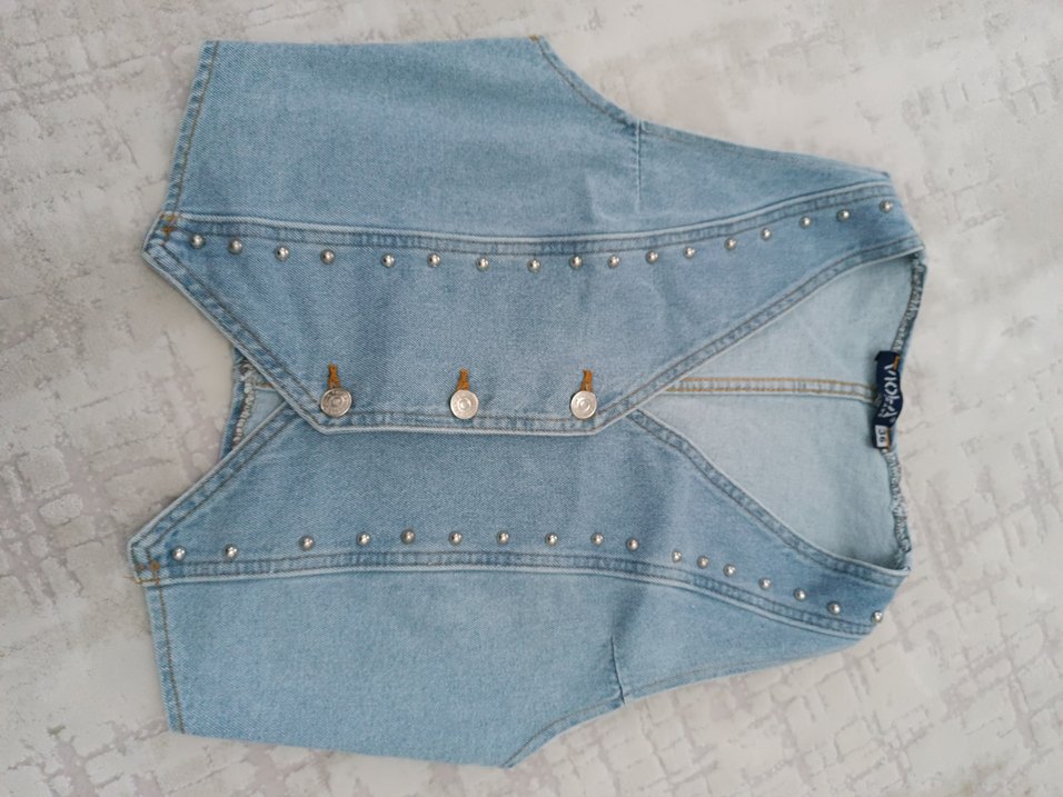 Düğmeli Mavi Vintage Denim Yelek - Görsel 5
