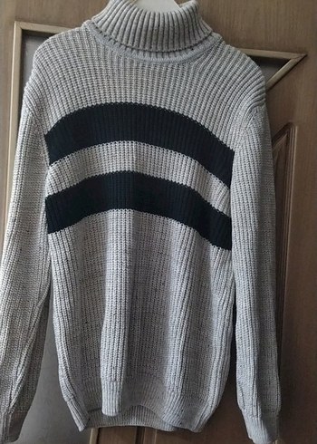 Gri Çizgili Boğazlı Kadın Kazak - Görsel 2