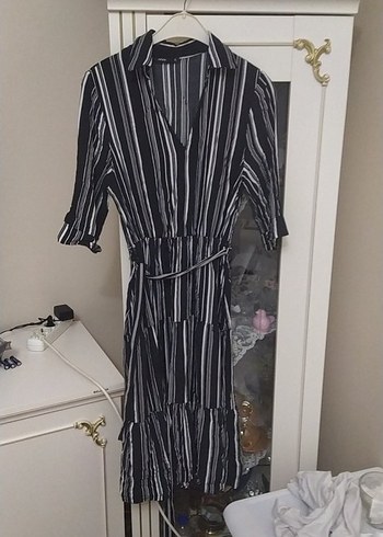 Gri Çizgili Uzun Rahat Kadın Elbise - Görsel 5