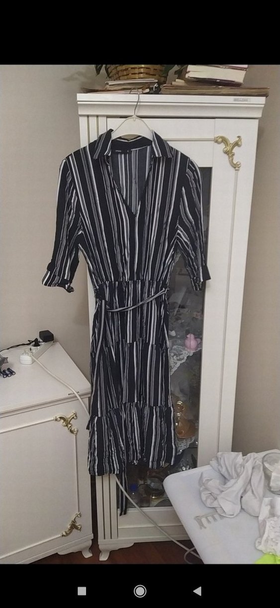 Gri Çizgili Uzun Rahat Kadın Elbise - Görsel 5