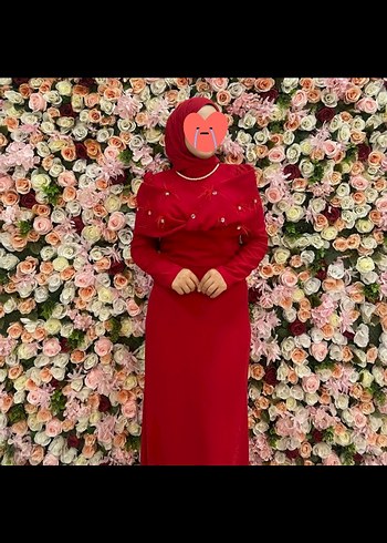 Uzun Kollu Kırmızı Kadın Abiye Elbise - Görsel 3