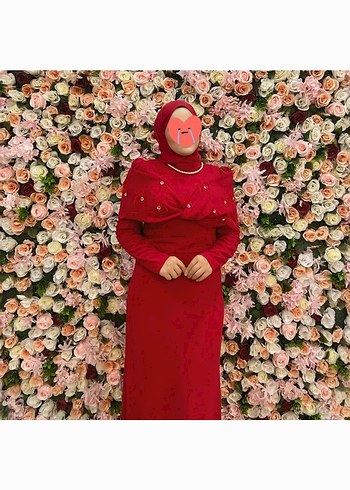 Uzun Kollu Kırmızı Kadın Abiye Elbise - Görsel 5