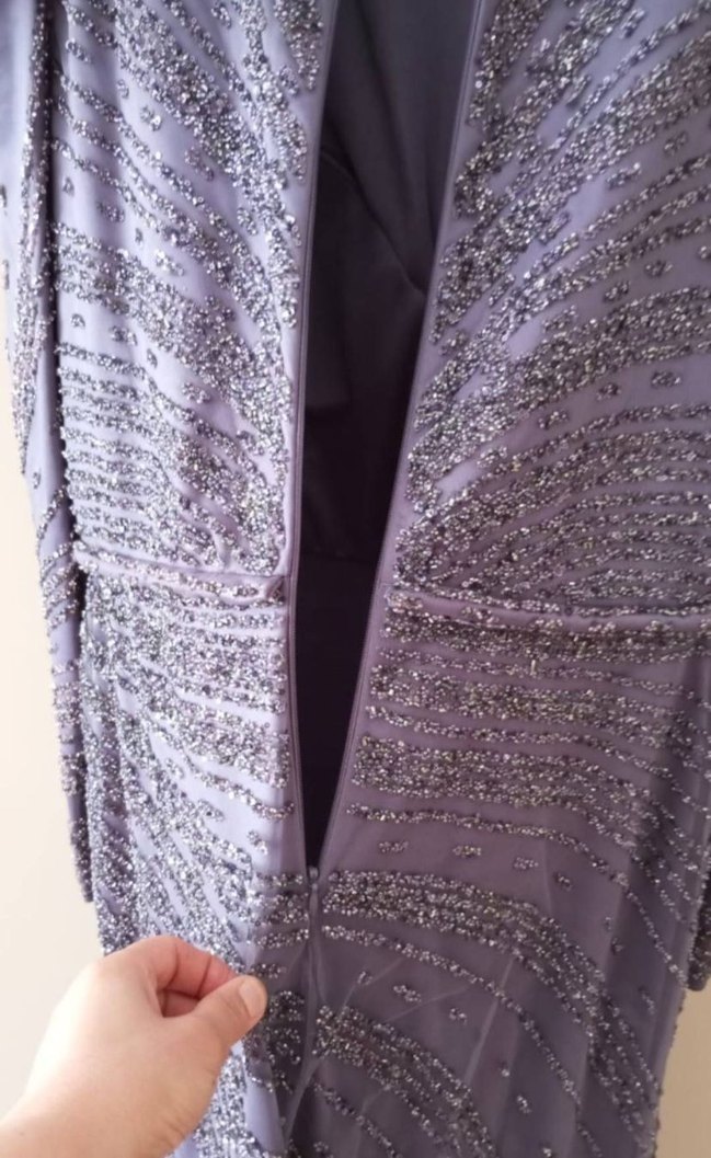 Mor İşlemeli Drapeli Uzun Nişan Elbisesi - Görsel 5