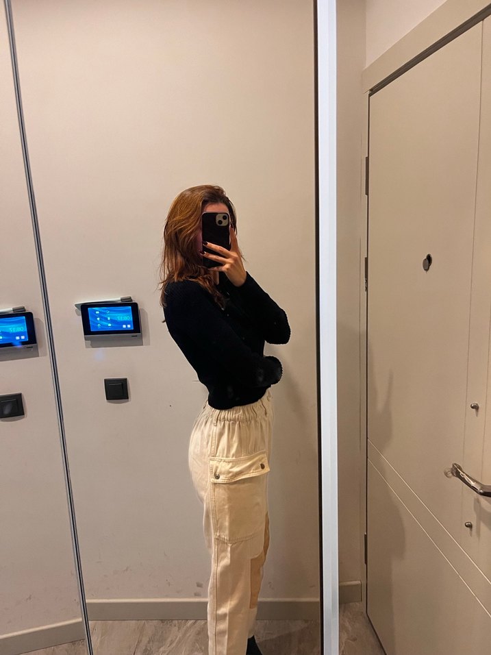 Bej Pamuklu Salaş Midi Kadın Pantolon - Görsel 3