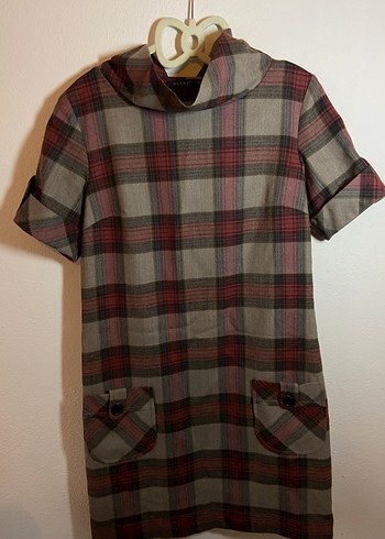 Düğmeli Kısa Kollu Ekose Midi Elbise - Görsel 4