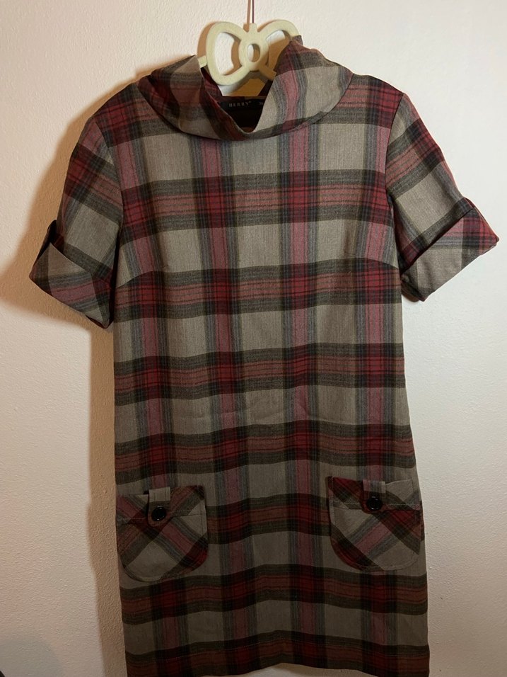 Düğmeli Kısa Kollu Ekose Midi Elbise - Görsel 4