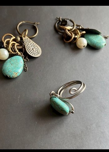 Boncuklu Turkuaz Bohem Yüzük ve küpe takımı - Görsel 3