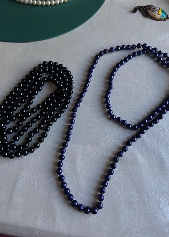 Uzun Lacivert ve Siyah Boncuklu Gotik Kolye - Görsel 3