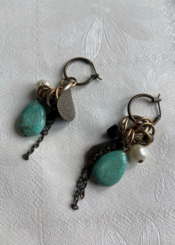 Turkuaz Boncuklu Bohem Kısa Küpe - Görsel 2