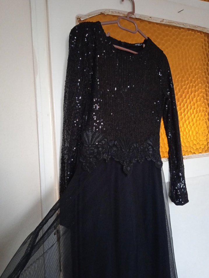 Diger Siyah Payetli Uzun Kollu Gece Elbisesi - Görsel 2
