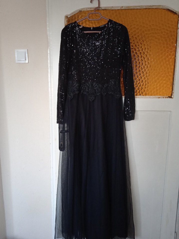 Diger Siyah Payetli Uzun Kollu Gece Elbisesi - Görsel 3