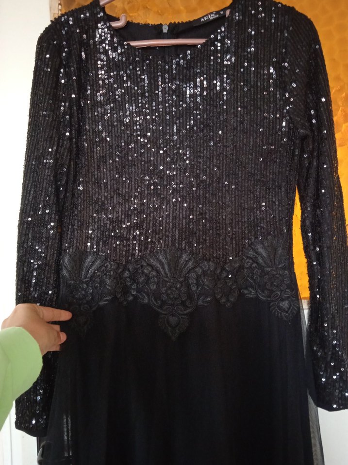 Diger Siyah Payetli Uzun Kollu Gece Elbisesi - Görsel 5