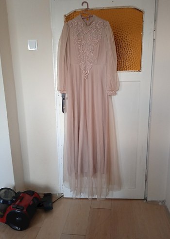 Abiye Nakışlı, Uzun Kollu Bej Vintage Elbise