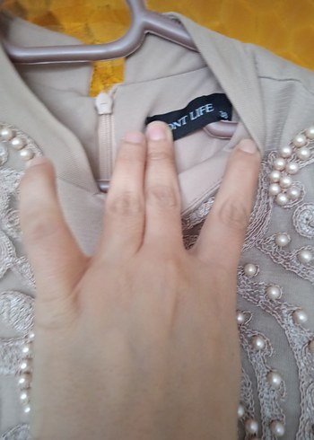 Nakışlı, Uzun Kollu Bej Vintage Elbise - Görsel 5