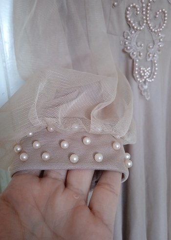 Nakışlı, Uzun Kollu Bej Vintage Elbise - Görsel 6