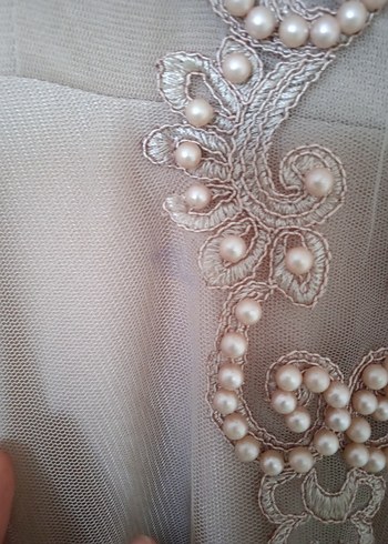 Nakışlı, Uzun Kollu Bej Vintage Elbise - Görsel 7