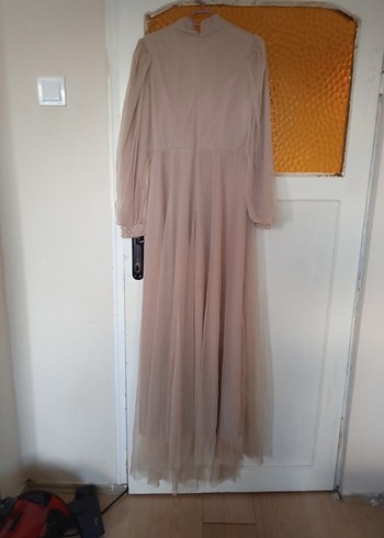 Nakışlı, Uzun Kollu Bej Vintage Elbise - Görsel 8