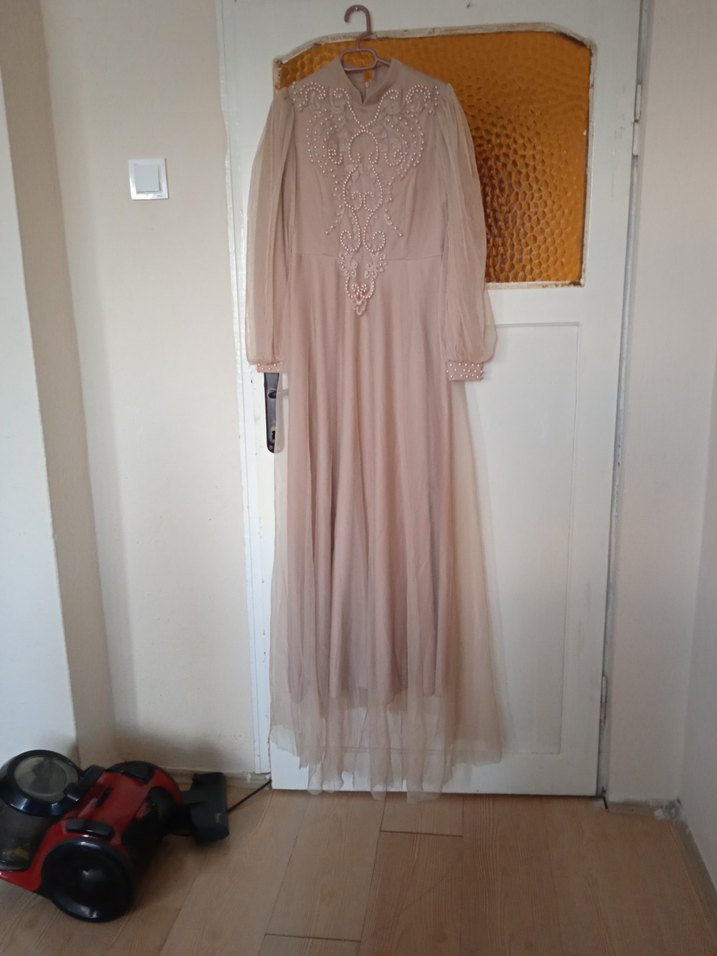 Nakışlı, Uzun Kollu Bej Vintage Elbise - Görsel 2