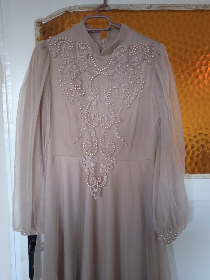 Nakışlı, Uzun Kollu Bej Vintage Elbise - Görsel 3