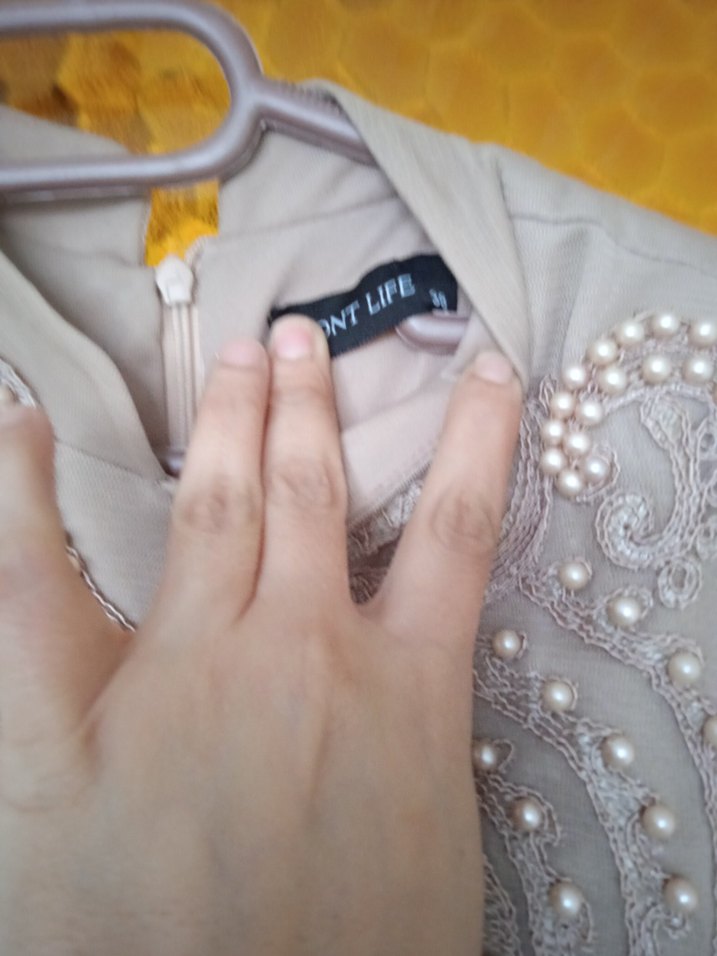 Nakışlı, Uzun Kollu Bej Vintage Elbise - Görsel 4