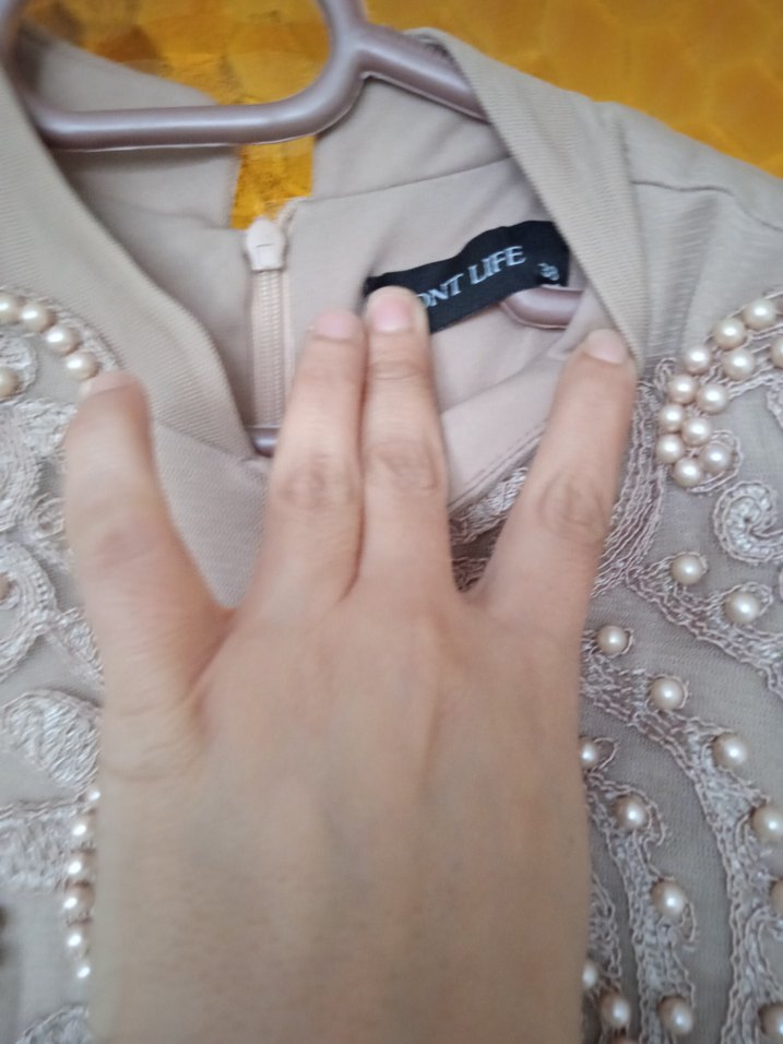 Nakışlı, Uzun Kollu Bej Vintage Elbise - Görsel 5