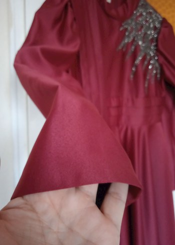 Bordo Uzun Kollu Nakışlı Vintage Abiye Elbise - Görsel 7