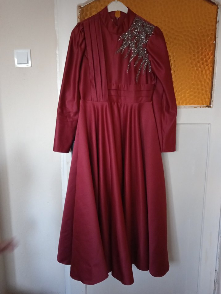 Bordo Uzun Kollu Nakışlı Vintage Abiye Elbise - Görsel 2