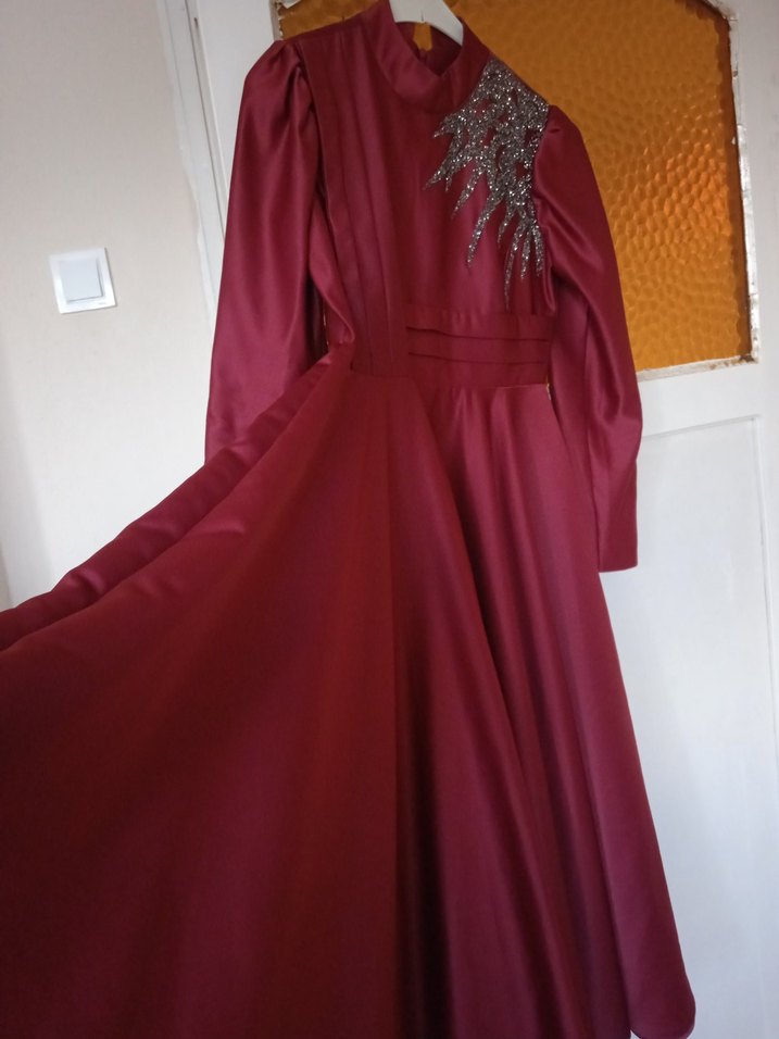 Bordo Uzun Kollu Nakışlı Vintage Abiye Elbise - Görsel 3